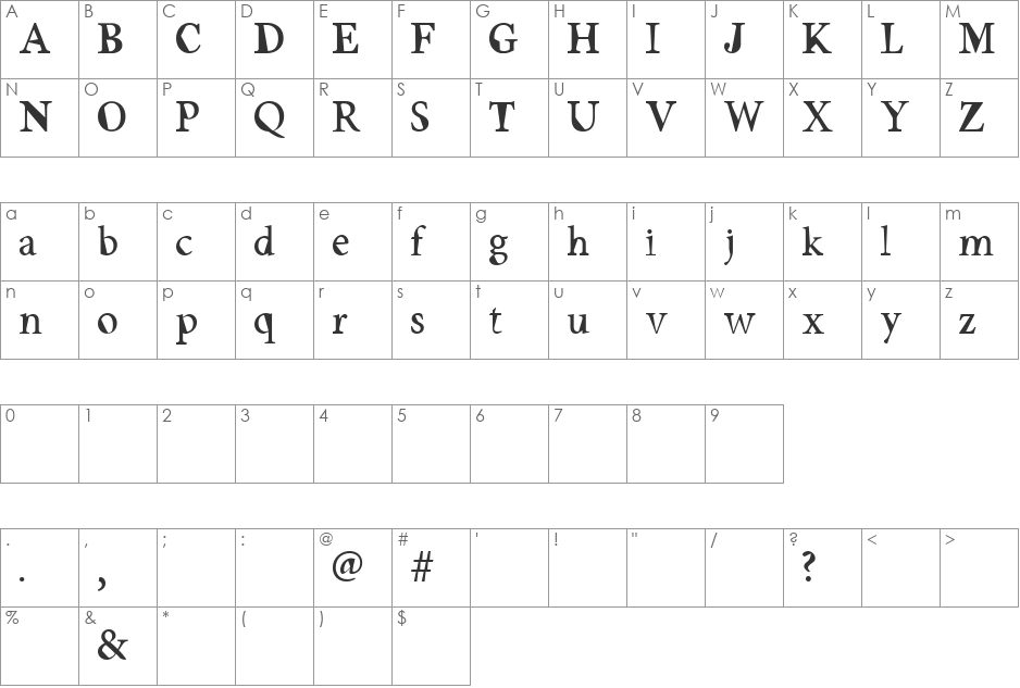Jennings font character map preview