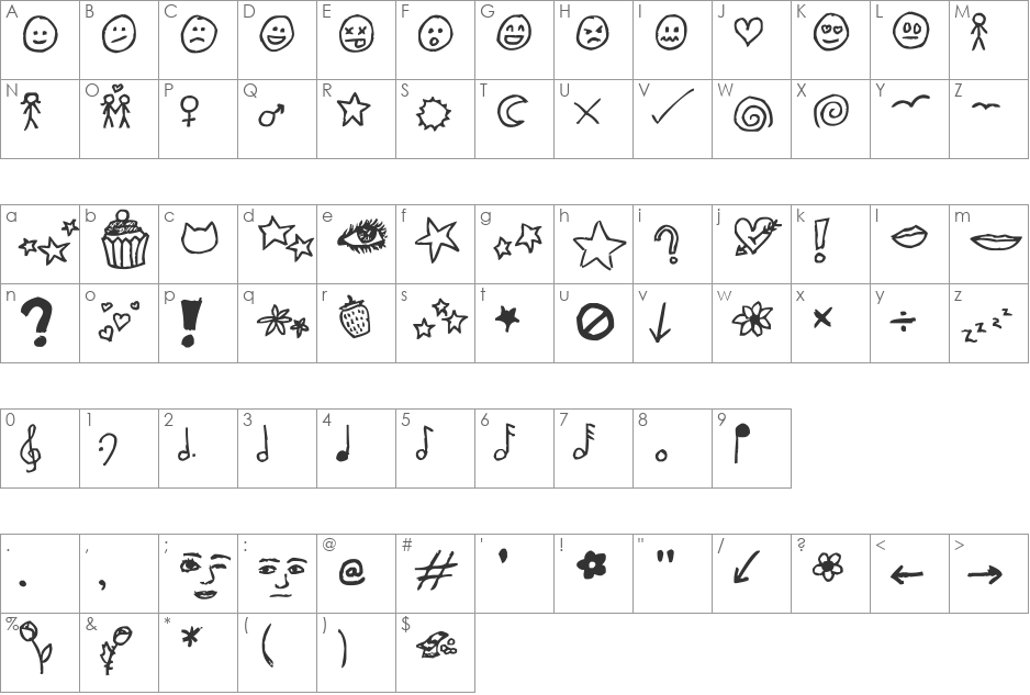 Jenny Doodles font character map preview