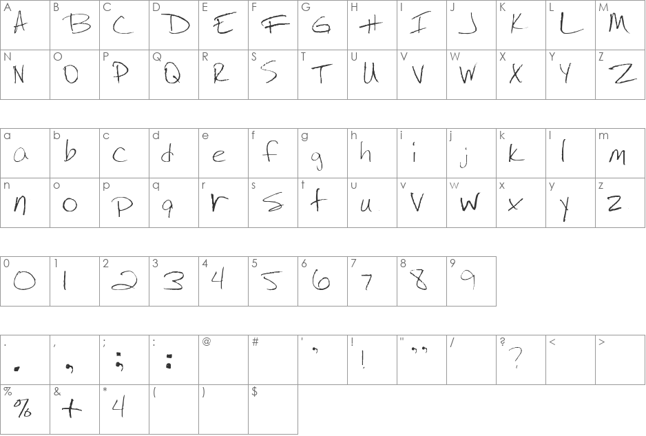 Jenny's Handwriting font character map preview