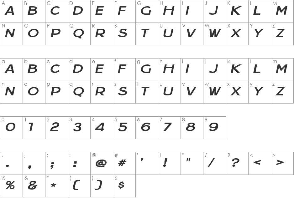 Jera Sans Italic JL font character map preview