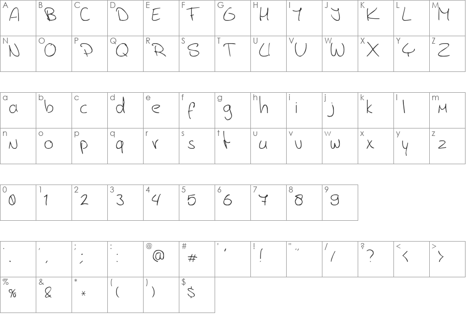 Jerry's handwriting font character map preview