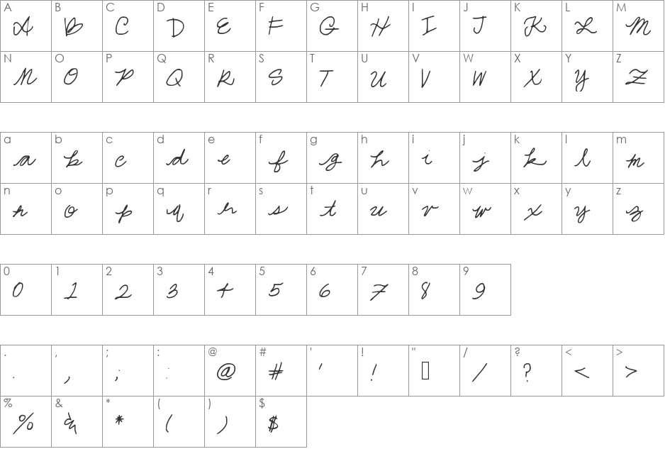 Jessa Hand font character map preview