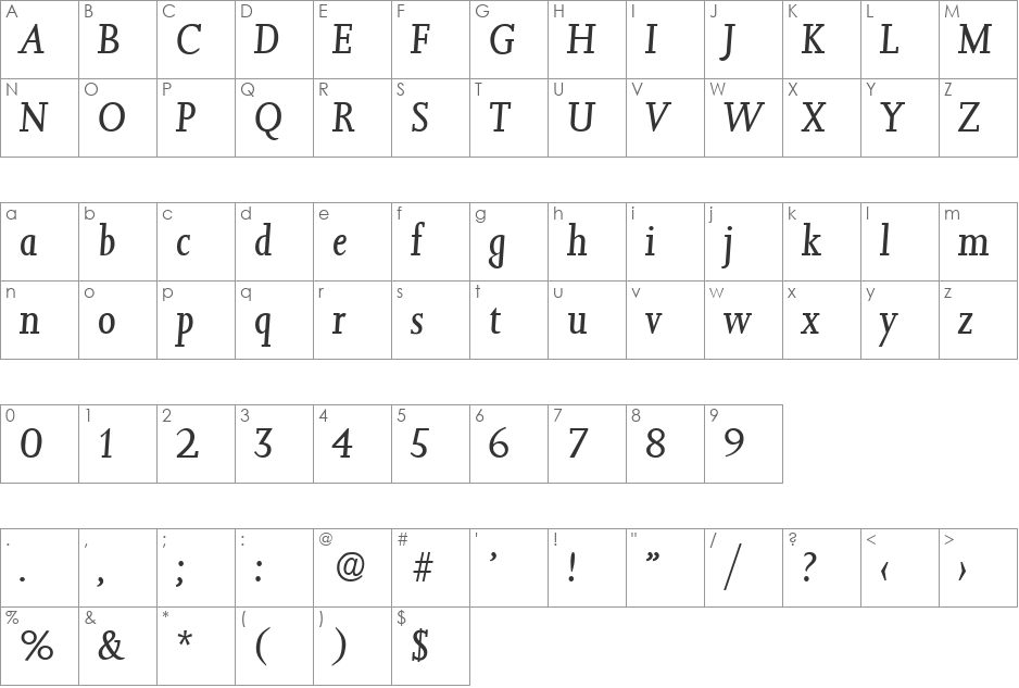 Jessica-RegularIta font character map preview