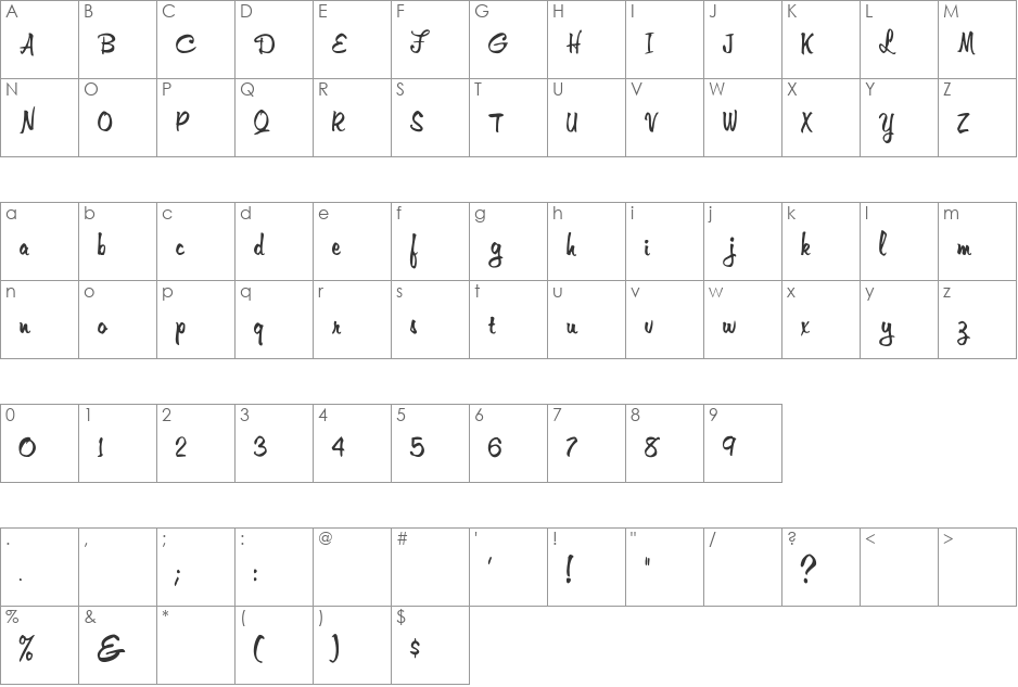 Jester Script font character map preview