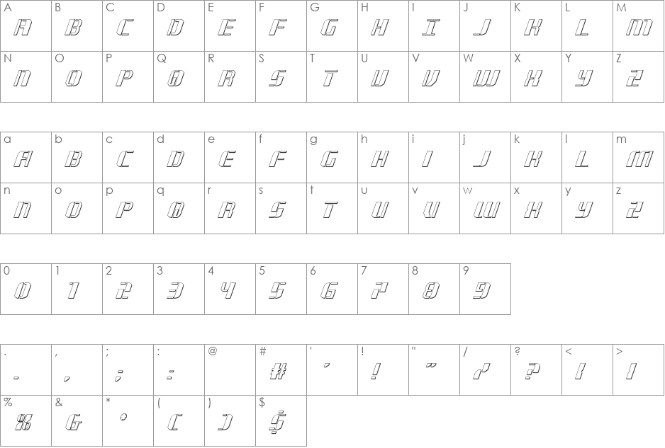 Jetway 3D Italic font character map preview