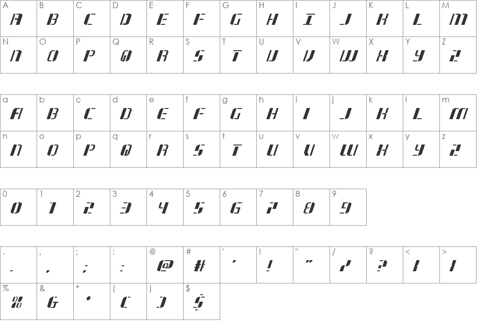 Jetway Italic font character map preview
