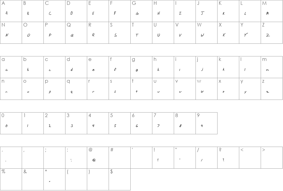 JHand font character map preview
