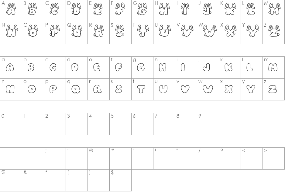 JI Bunny Caps font character map preview