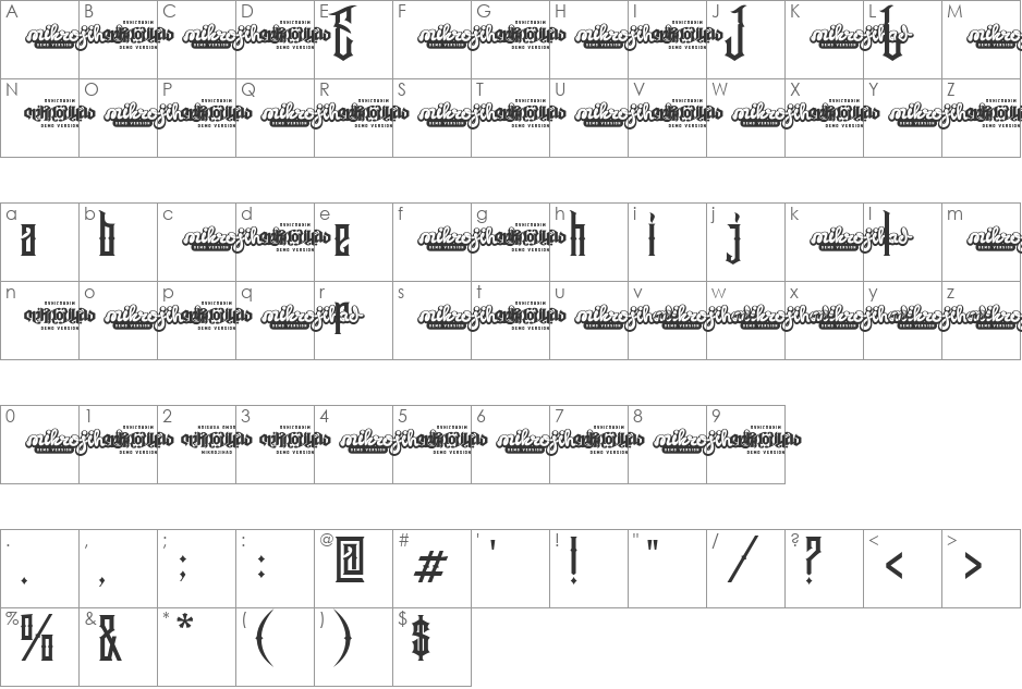 Jibriel font character map preview