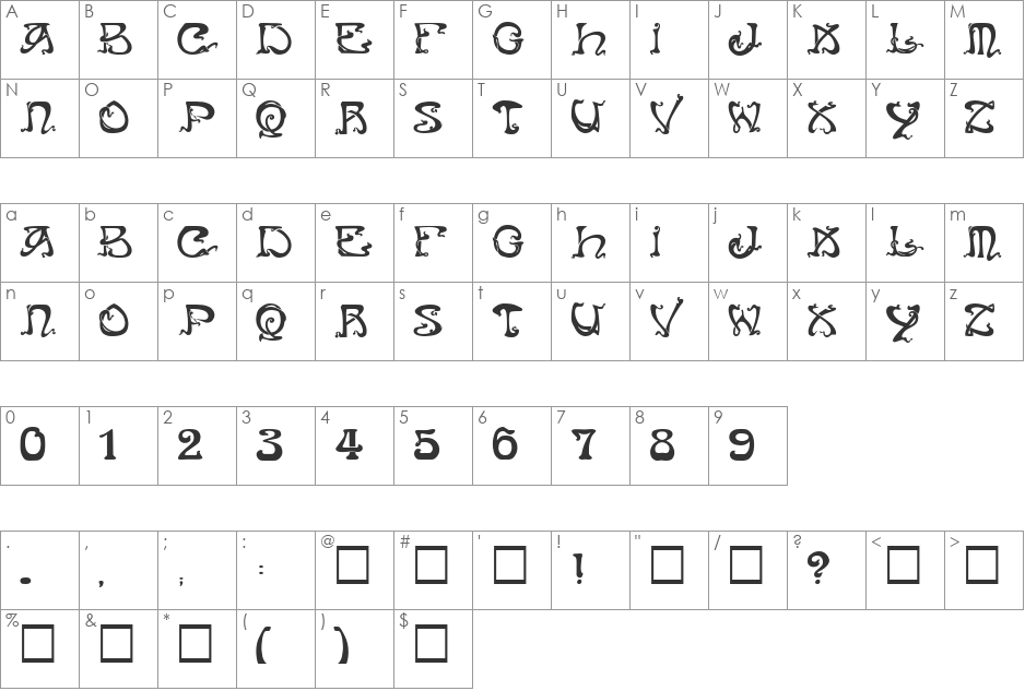 Art Nouveau Caps font character map preview
