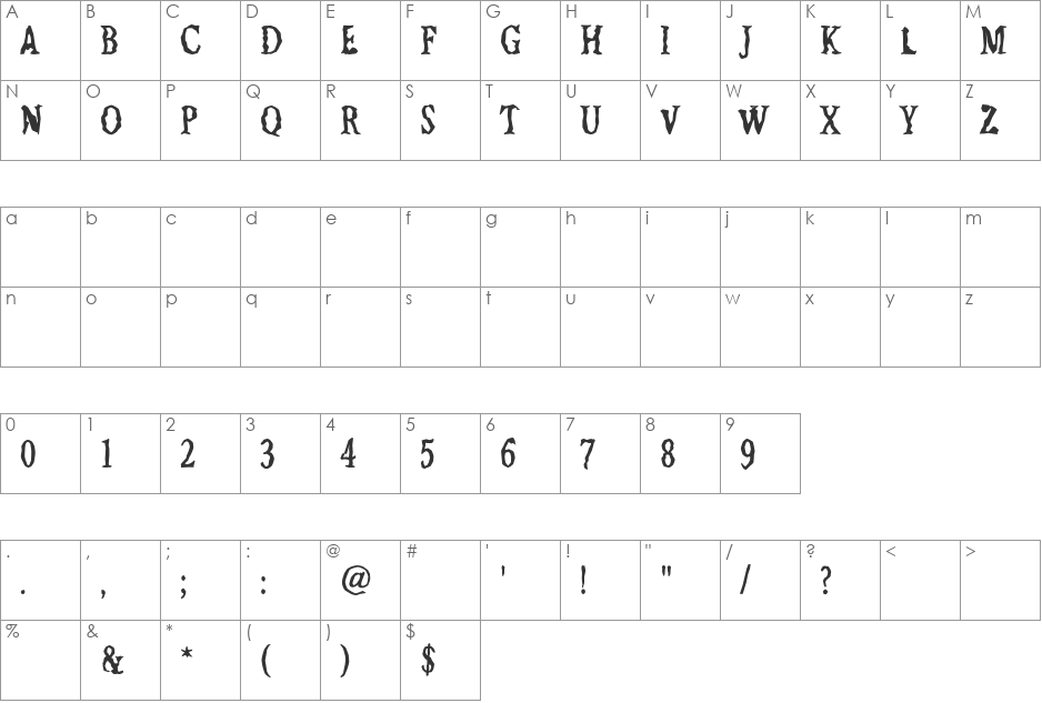 Jilted font character map preview