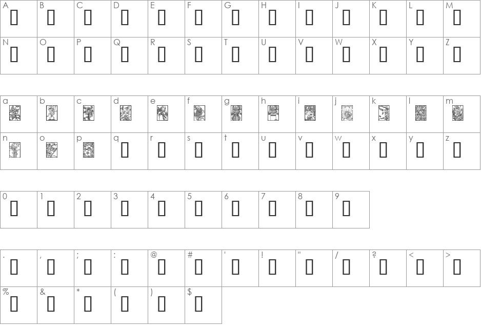 Art Nouveau Flowers font character map preview