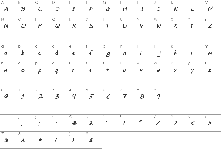 JimbosPrint-Bold-Italic font character map preview