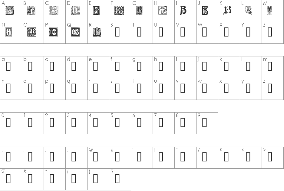 Art Nouveau Initials B font character map preview