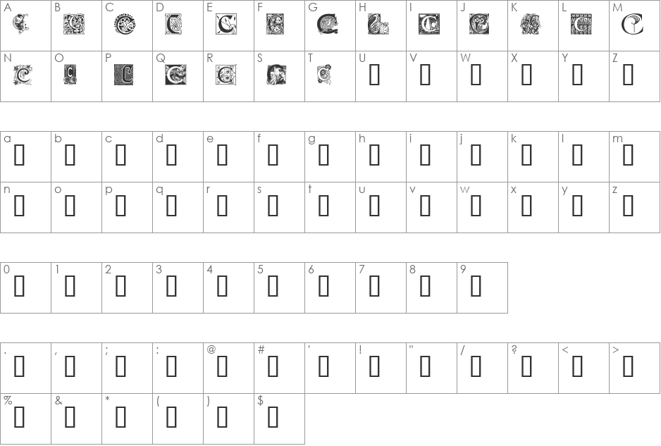 Art Nouveau Initials C font character map preview