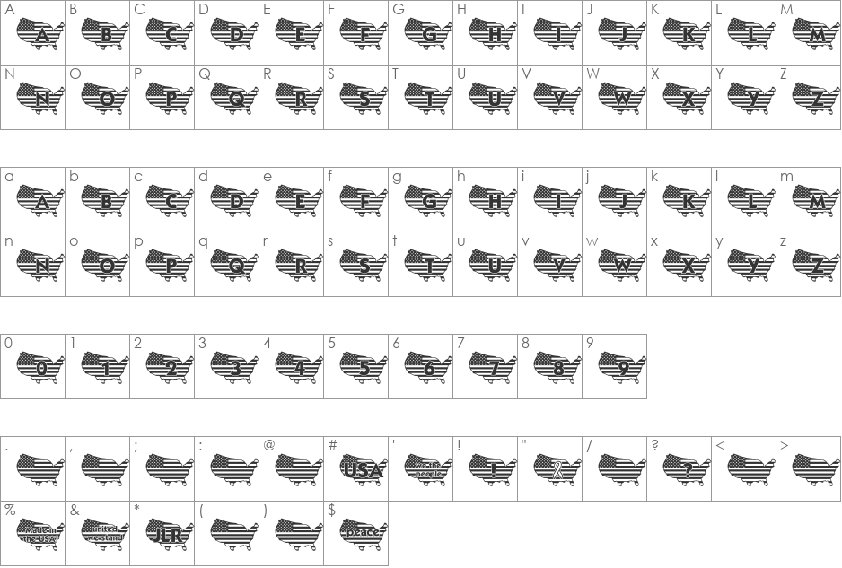 JLR God Bless the USA LSF font character map preview