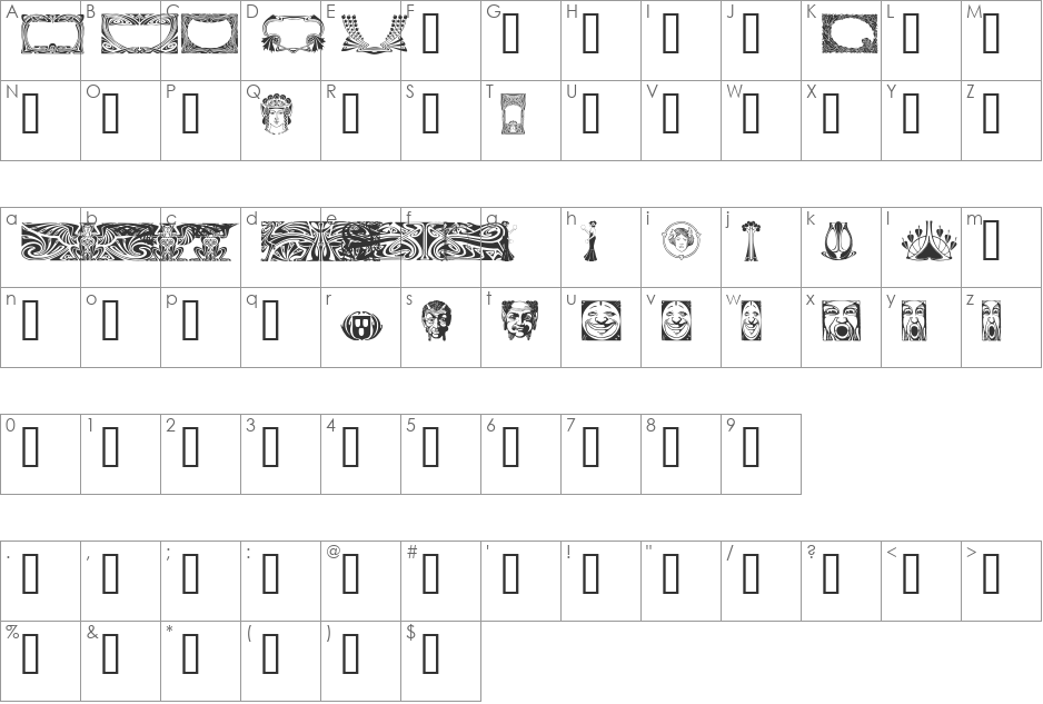 Art Noveau Headers font character map preview
