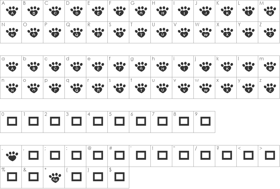 JLR Pawrty Hearty font character map preview