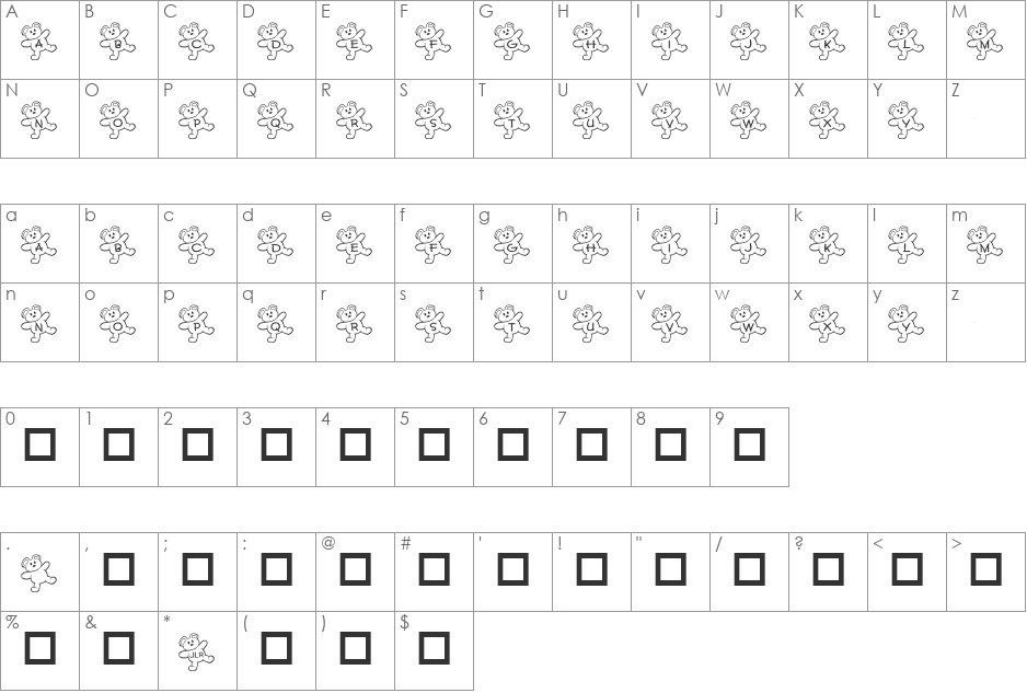 JLR Teddy Bear font character map preview