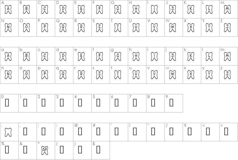 JLR Toofy Grin font character map preview