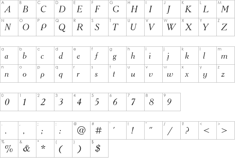 Academia font character map preview