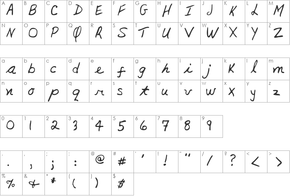 Joddie Hand font character map preview