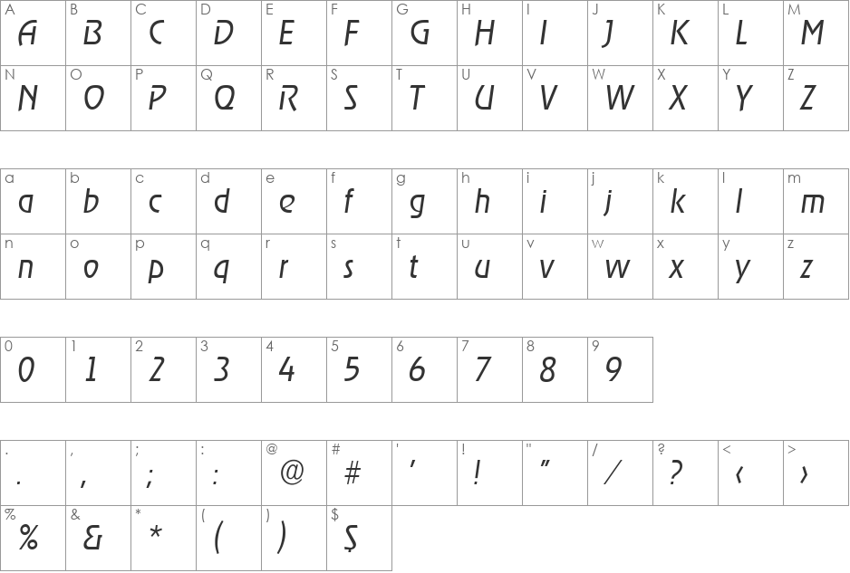 JoeBecker-Light font character map preview