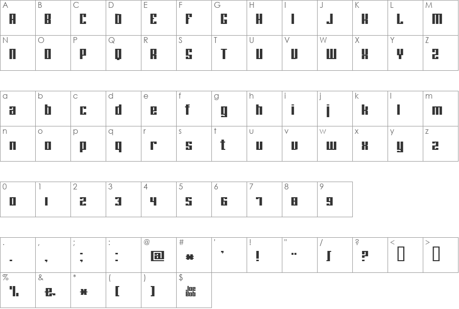 joeBob straight font character map preview