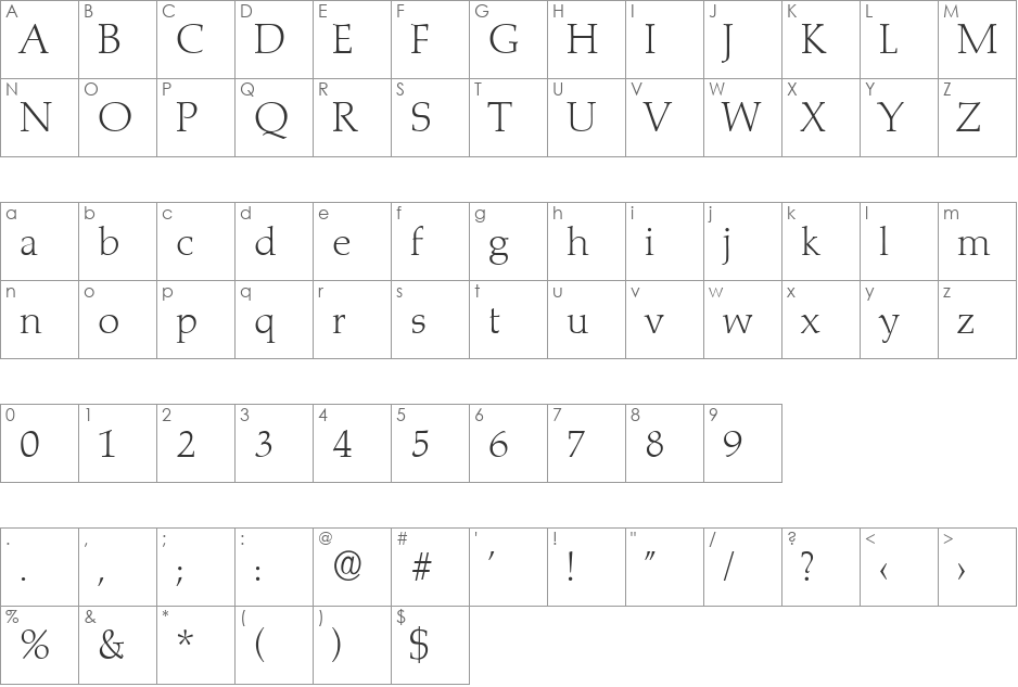 JoelBecker-ExtraLight font character map preview