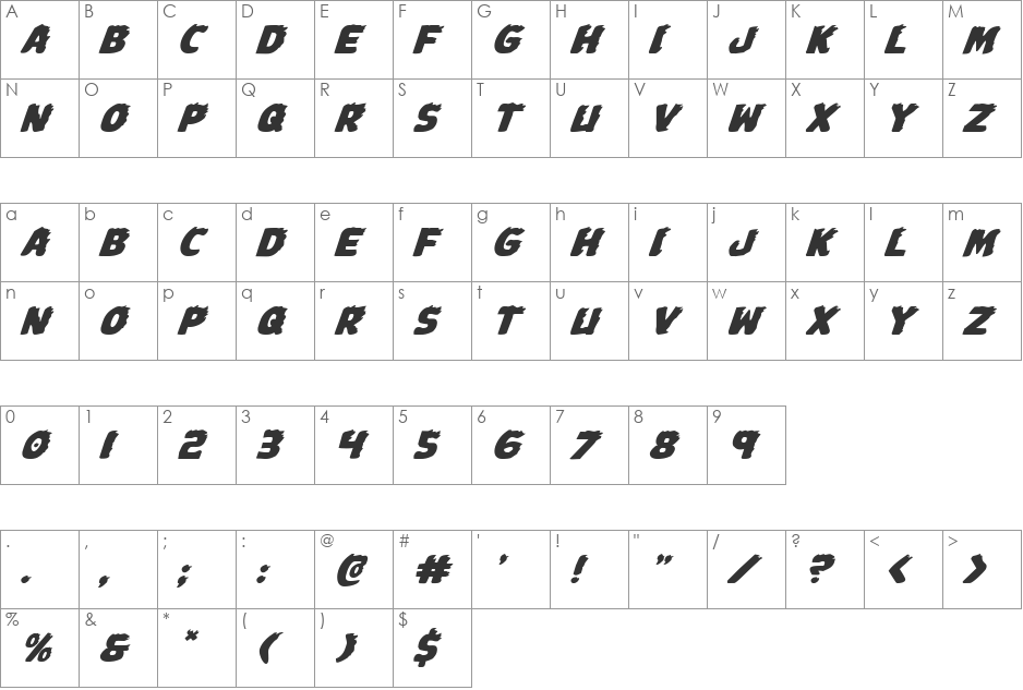 Johnny Torch Expanded Italic font character map preview