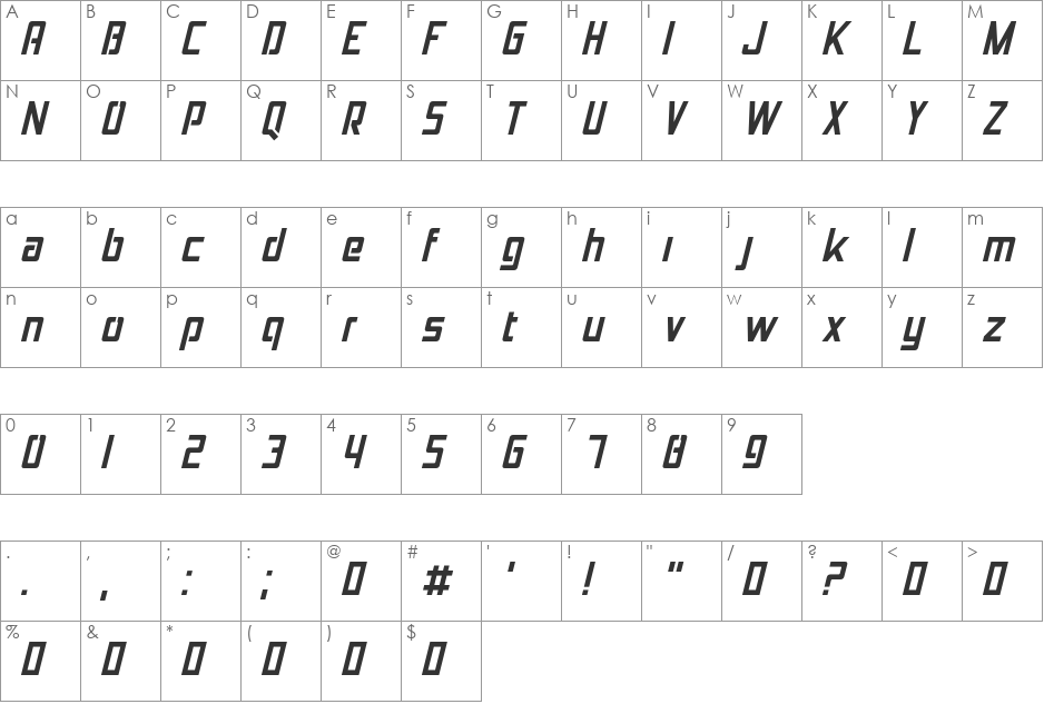 Jolana font character map preview