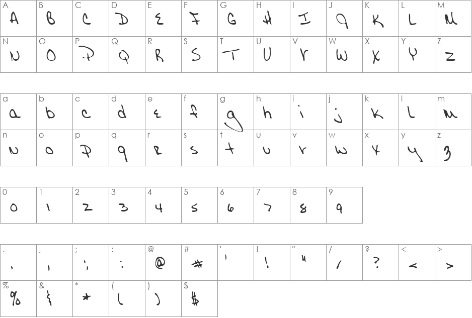JolenesHand font character map preview