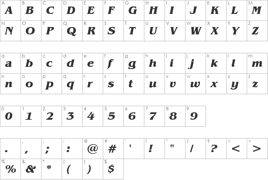 JonathanBoldItalic font character map preview