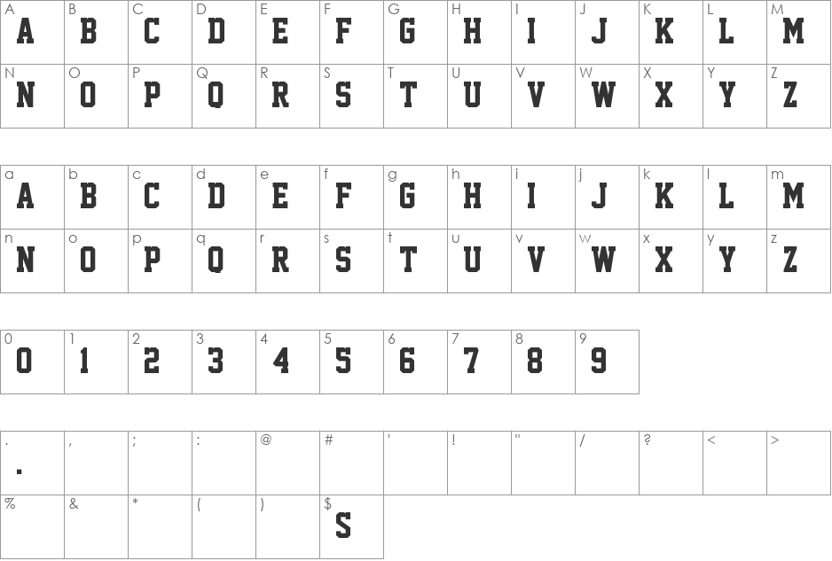 Academic M54 font character map preview