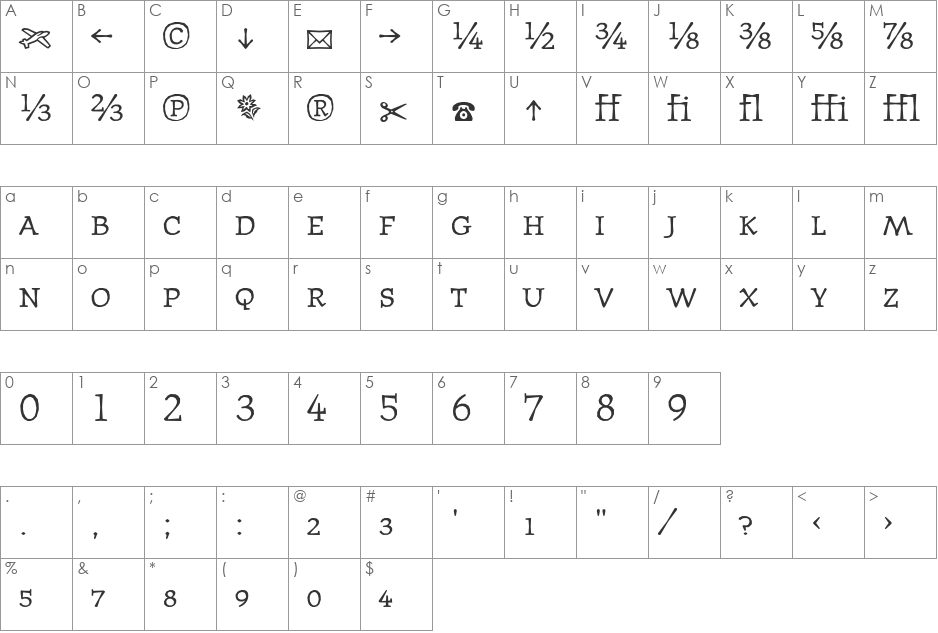 JournalTextFractions font character map preview