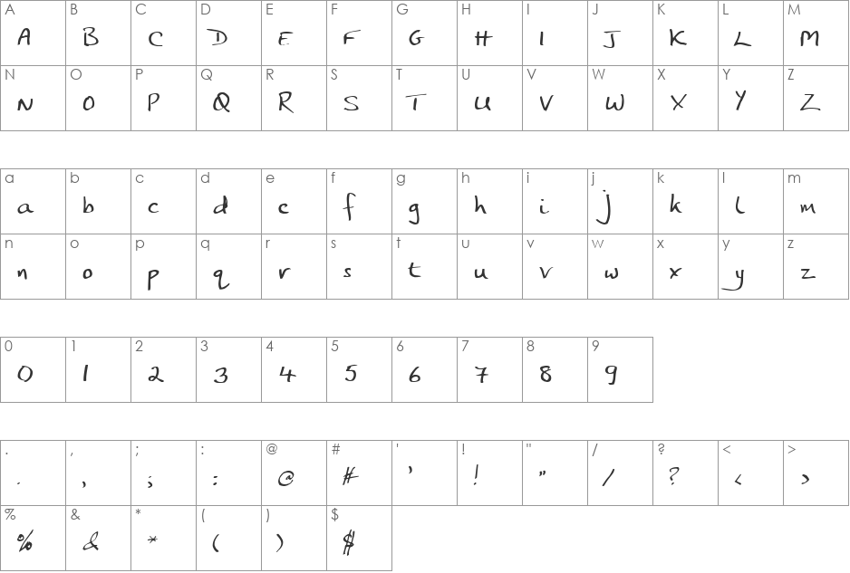 JP Hand font character map preview