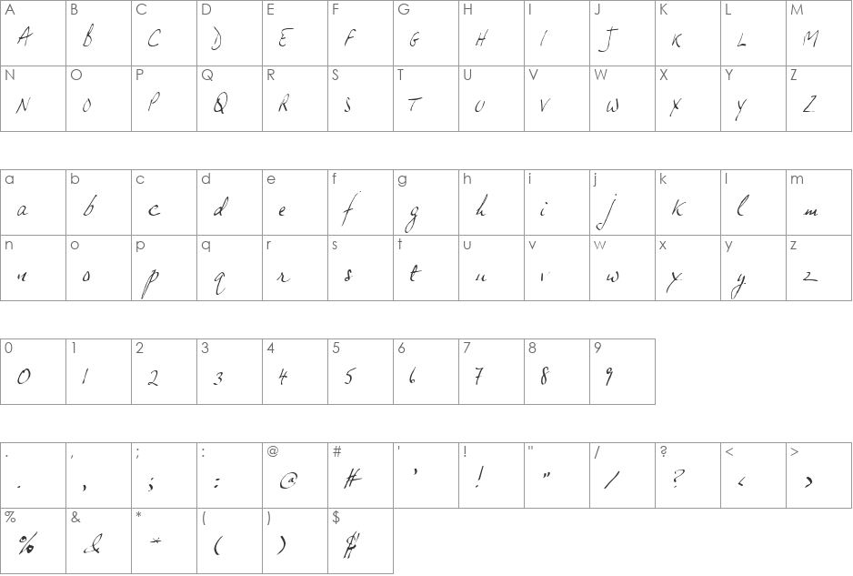 JP Hand font character map preview