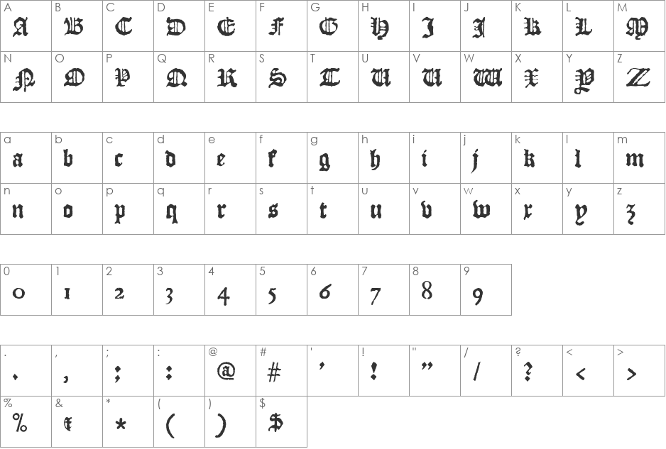 JSL Blackletter font character map preview