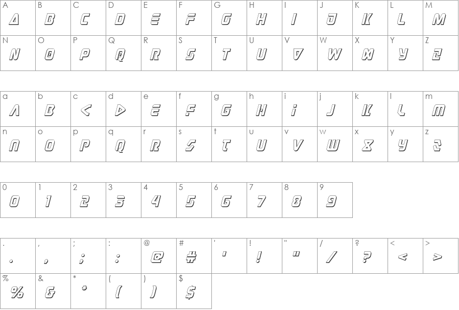 Judge 3D Italic font character map preview