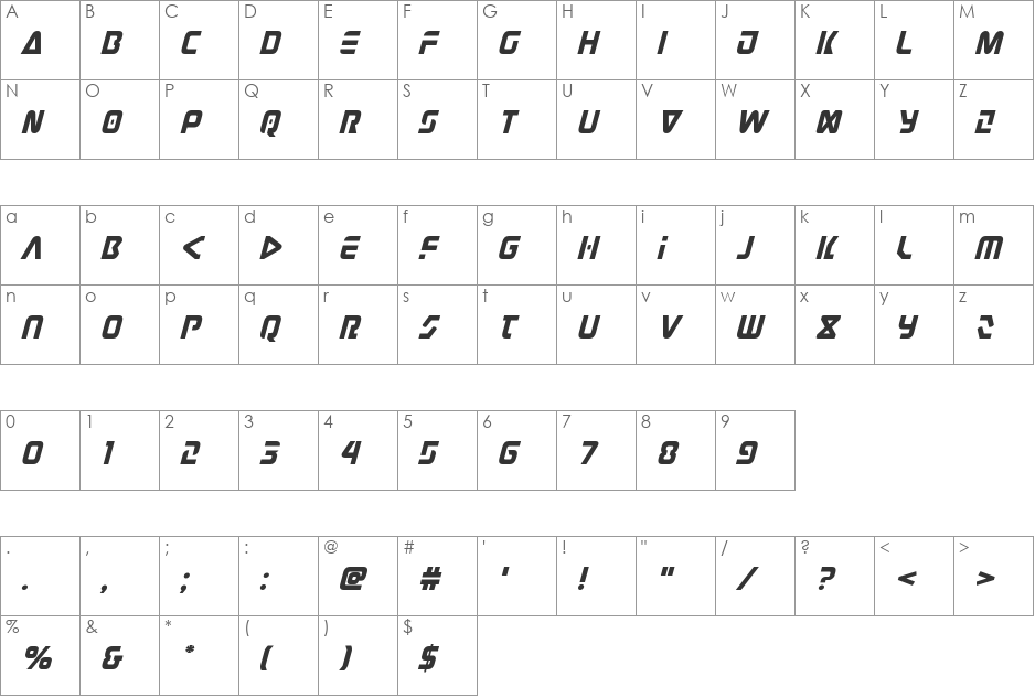 Judge Italic font character map preview
