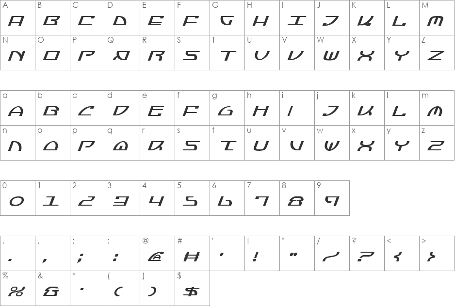 Jumptroops Italic font character map preview