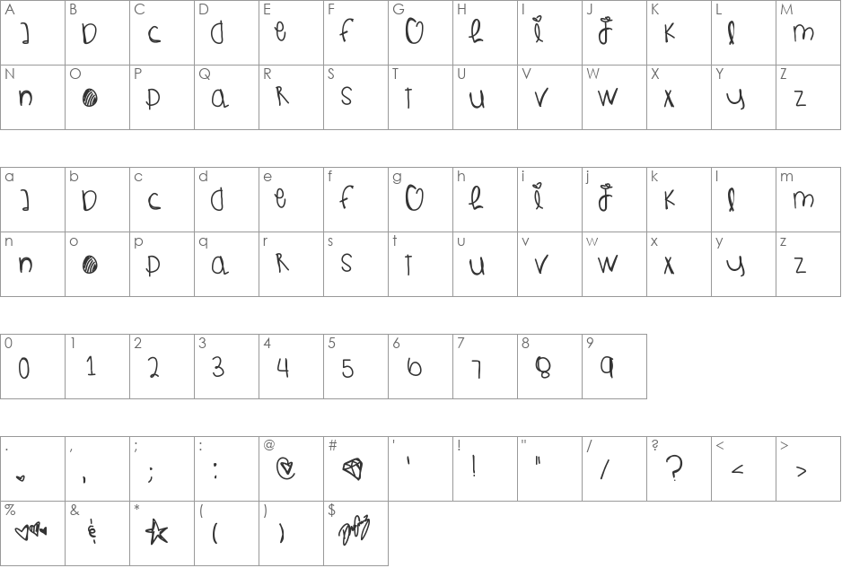 JupitorsRaising font character map preview