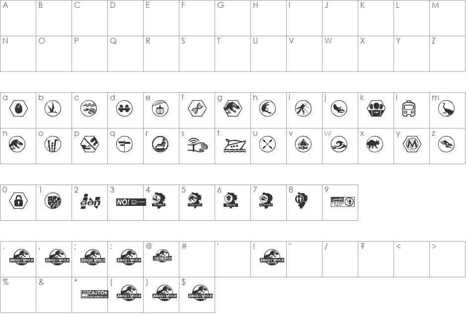 Jurassic World font character map preview