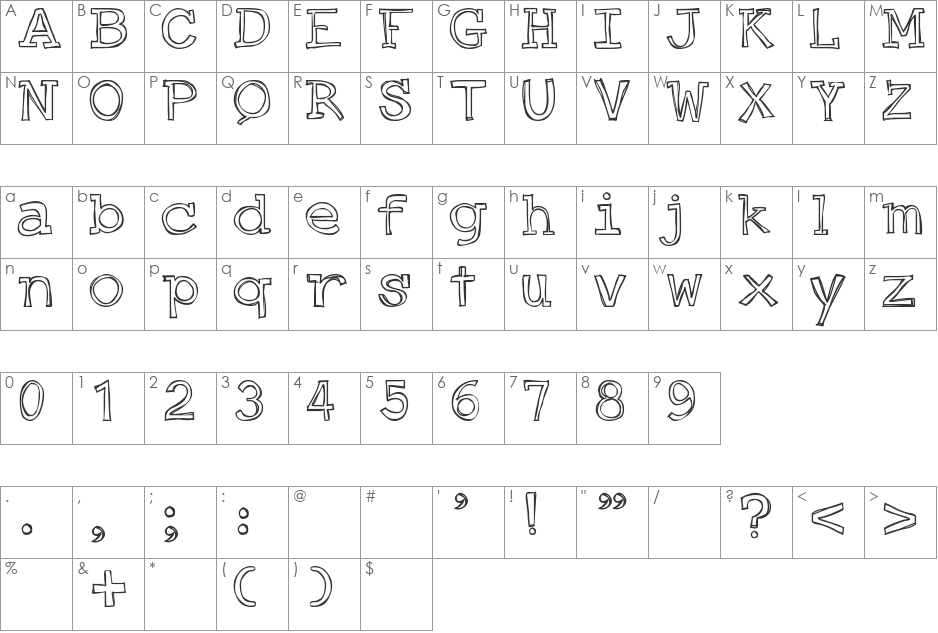 Just an Outty font character map preview