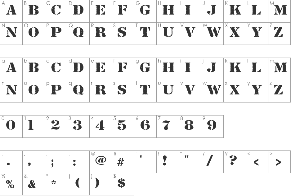 Just Another Stencil Font font character map preview