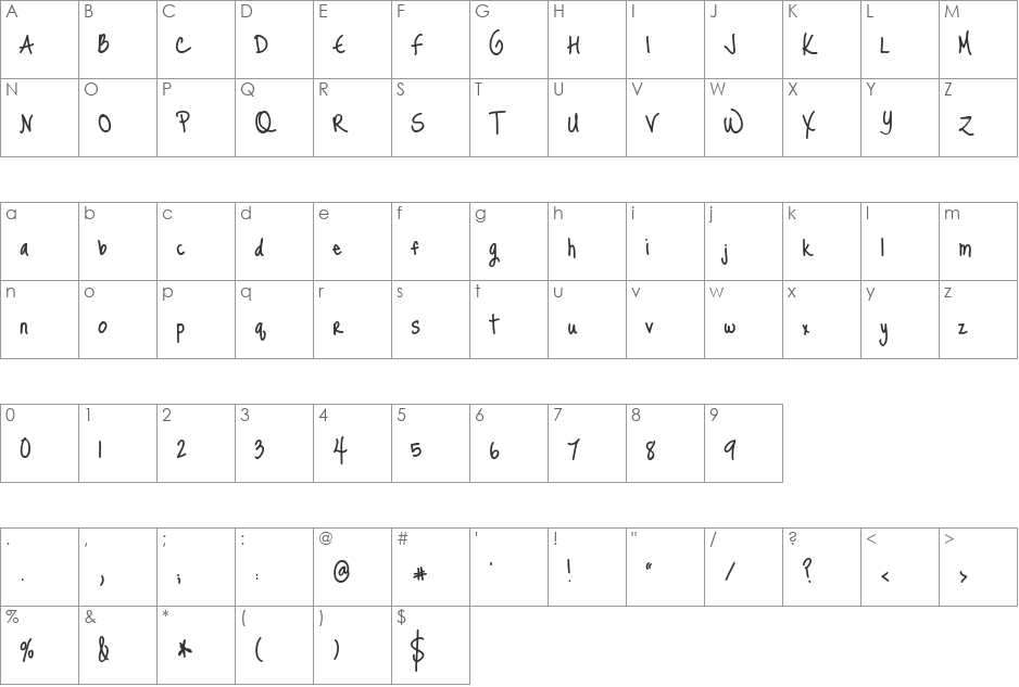 Just Me Again Down Here font character map preview
