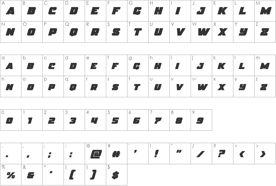 Justice Straight font character map preview