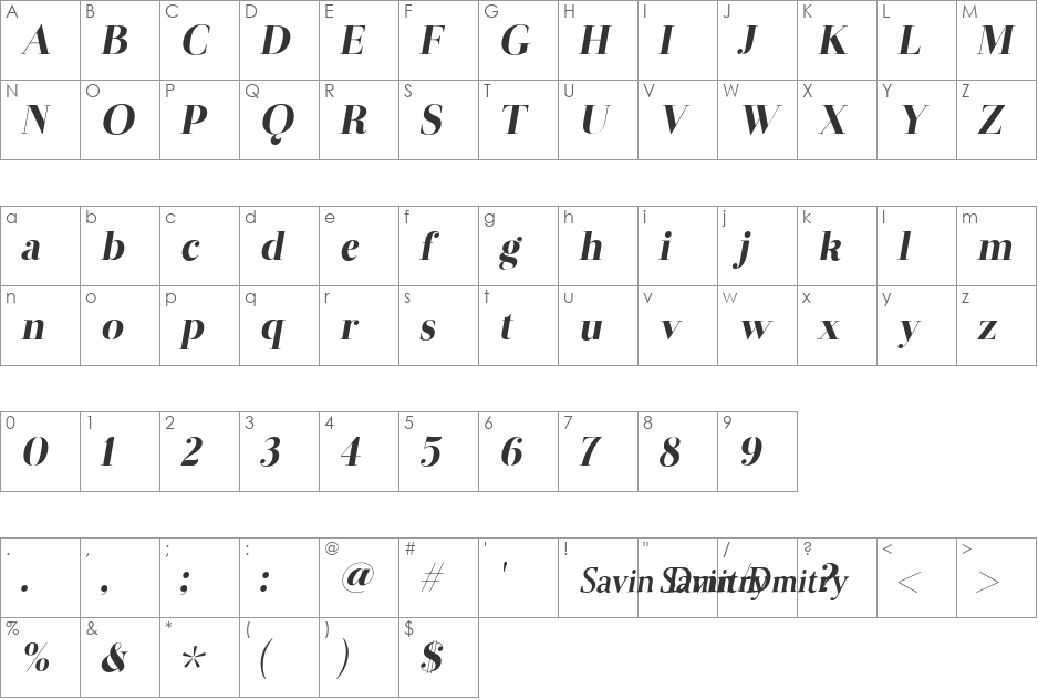 JWH font character map preview