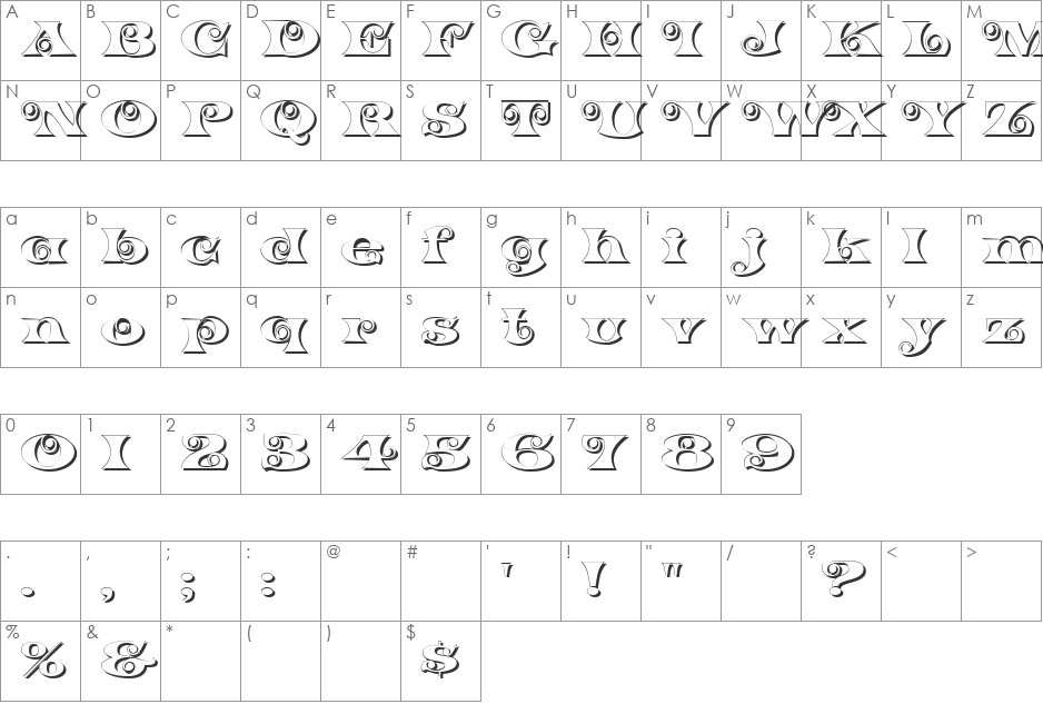 K22 Spiral Swash Shadow font character map preview