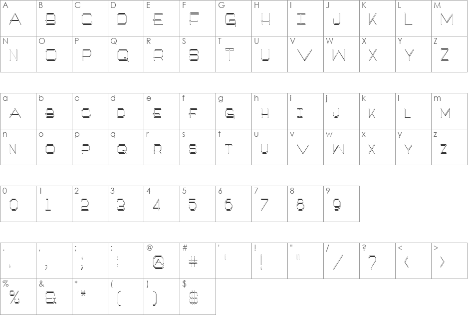 Artlook 3-D Narrower font character map preview